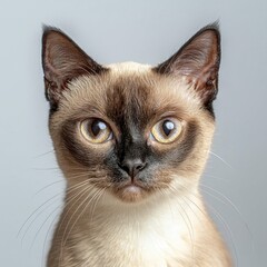 Close-up of a Siamese cat with striking blue eyes and short smooth fur, showing detailed facial features and alert ears against a plain light background