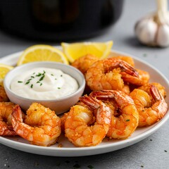Crispy golden fried shrimp or prawns served on a white plate with creamy dipping sauce and fresh lemon wedges
