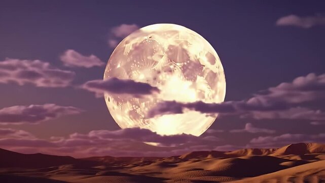 Majestic Full Moon Over Desert Dunes Landscape Under Purple Twilight Sky with Soft Clouds Night Scene Calm Nature Travel Destination
