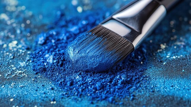 Close-up of makeup brush with vibrant blue powder on surface