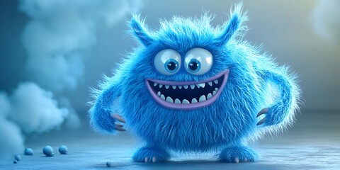Fototapeta premium Cute blue fuzzy monster cartoon character