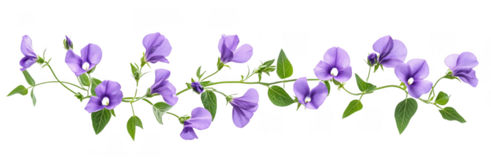 Delicate purple flowers with green leaves arranged on a winding vine. Png, Transparent background.