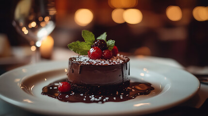 Decadent Chocolate Dessert with Berries and Mint Garnish
