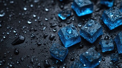 Blue ice cubes on wet black surface with water droplets in moody lighting
