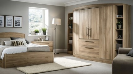 Fototapeta premium Light brown wooden bedroom furniture set with a large wardrobe.