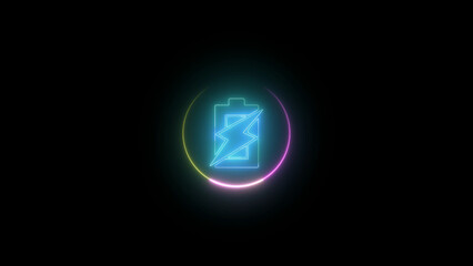 Neon Battery Charging Icon with Colorful Circle on a Dark Background for Technology This image