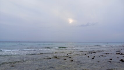 Rocky shoreline exposed during low tide under cloudy sky.