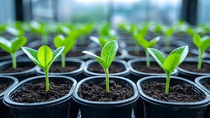 Young Green Seedlings Growing in Pots