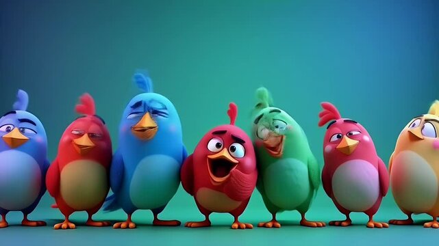 Row of cartoon birds in a variety of bright colors stand against a blue background