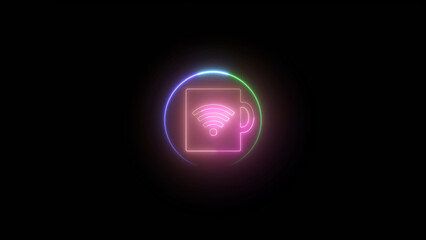 Neon Coffee Cup with WiFi Symbol on Black Background for Cafe and Technology neon illustration