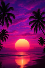 Naklejka premium Tropical beach sunset: Palm trees frame a vibrant magenta and purple sky, with the sun as a warm orange orb reflected in the ocean.