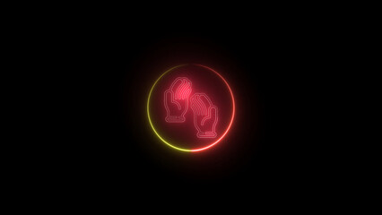 Neon Hands Icon in a Circle on a Black Background Glowing with Red and Yellow