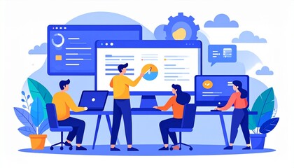 Team of developers working on project management and software development with dashboards and cloud computing, flat illustration of modern office teamwork and collaboration.