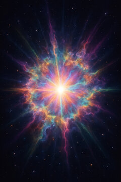 Cosmic Bloom: A vibrant burst of light and color illuminates the darkness, echoing the boundless energy of the universe. Celestial explosion.