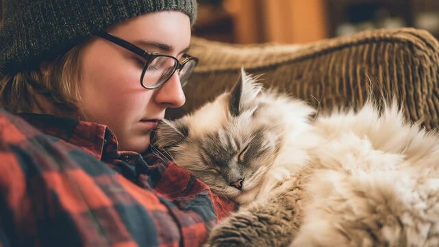 Person and cat resting together on a couch
