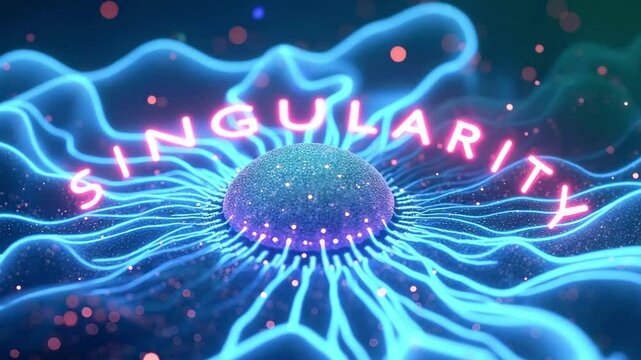 Abstract representation of a glowing singularity with vibrant neon lines and particles in a cosmic background