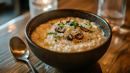 Creamy Risotto with Mushrooms and Herbs Served in a Ceramic Bowl