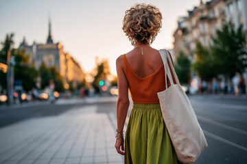 Back view of a woman walking in the city in summer look: maxi skirt, sleeveless top, minimal jewelry, simple tote bag, golden hour light,