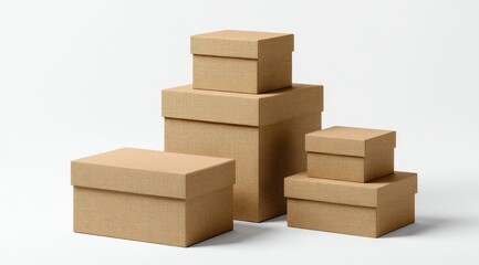 Stacked beige cardboard boxes of varying sizes