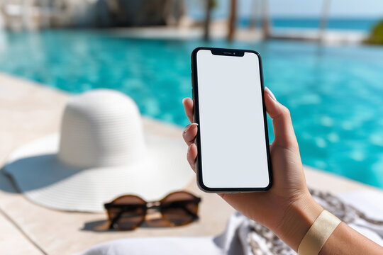 person holding modern smartphone with blank screen while relaxing on poolside lounger, summer sunlight reflecting on clear blue pool water, white sun hat and sunglasses nearby, vac - Powered by Adobe