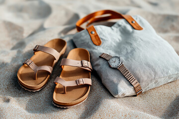 Close-up of minimalist beach sandals, light shorts, wristwatch and canvas tote bag placed on sand, summer details, 