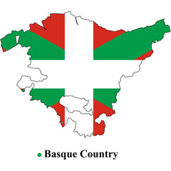 A map of the basque country region overlaid with the ikurrina flag on a black background design