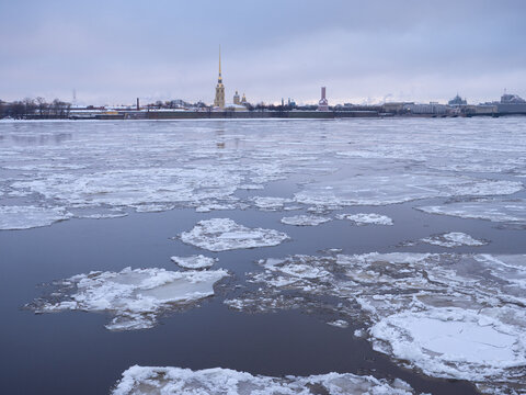The spire of the Peter and Paul Fortress seen across the Neva River