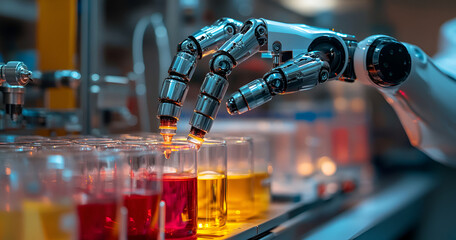 Robotic Arm Handling Liquid Samples for Lab Analysis, Robot Performing Chemical Testing in a Laboratory, A robotic arm carefully transfers a drop of liquid from a pipette into a test tube