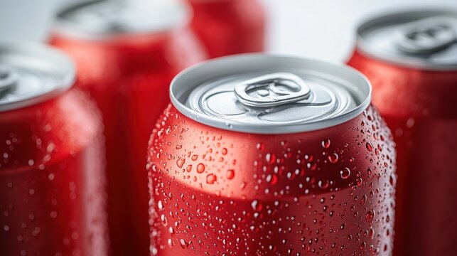 Red soda cans with condensation and aluminum lids in close-up