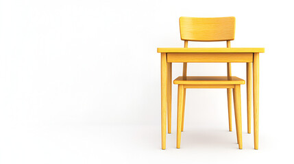 Fototapeta premium A yellow wooden desk and chair set, presented against a plain white background, casting soft shadows.