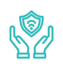 Shield symbol with hands representing protection and connectivity. Digital insurance icon cyber security symbols concept.
