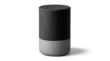 A cylindrical container, dark gray on top and light gray on the bottom, sits against a white background.