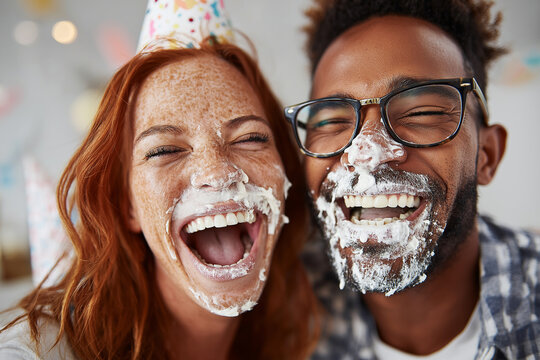 Photo of a young interracial couple, the woman with red hair and freckles, and the man with dark hair and glasses, sharing a playful moment while smearing cake frosting on each oth