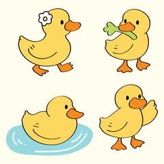 Hand-Drawn Cartoon Duck Illustration Set.Cute Animal Character for Kids and Fun Clip Art