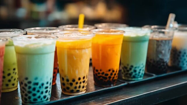 Colorful bubble tea drinks lined up on a tray in shop