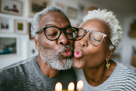 Photo of a middle-aged African American couple, both dressed in casual attire, blowing out candles on a birthday cake together in their kitchen. Close-up focusing on their synchron