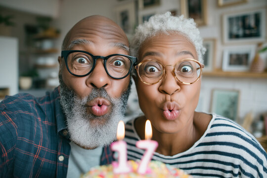 Photo of a middle-aged African American couple, both dressed in casual attire, blowing out candles on a birthday cake together in their kitchen. Close-up focusing on their synchron