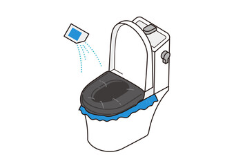 凝固剤を振りかけている簡易トイレのイラスト