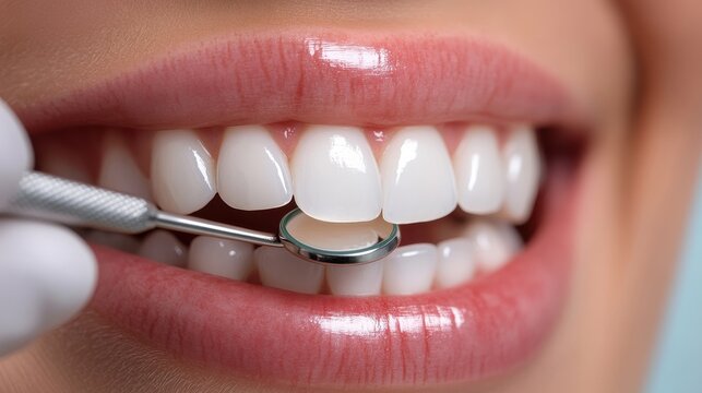 Close-up of female teeth during dental examination with mirror