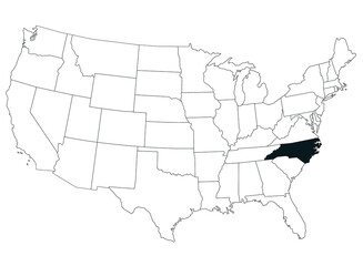 Fototapeta premium Map of North Carolina State in United States country on white background. Single State map highlighted by black colour on United States of America map. UNITED STATES, US