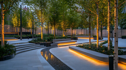Obraz premium Modern Urban Park with Illuminated Benches and Trees