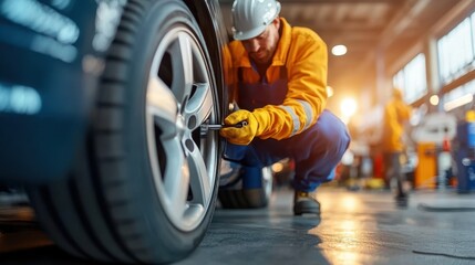 Fototapeta premium Young caucasian male mechanic adjusting tire pressure on car in auto repair shop