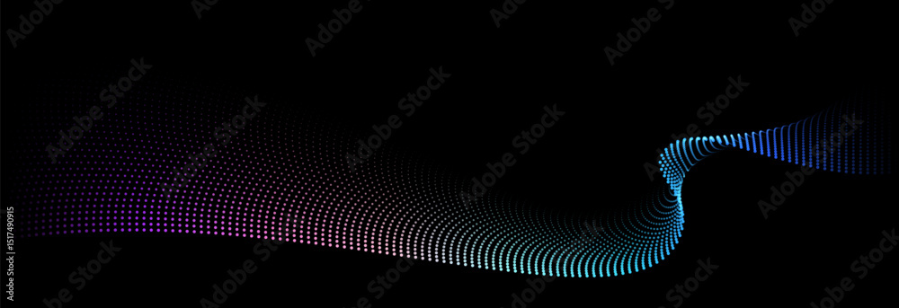 Fototapete Flowing dot particles wave pattern colorful spectrum light gradient smooth curve shape isolated on black background. Vector in concept of technology, science, music, modern