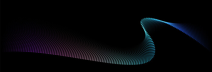 Flowing dot particles wave pattern colorful spectrum light gradient smooth curve shape isolated on black background. Vector in concept of technology, science, music, modern