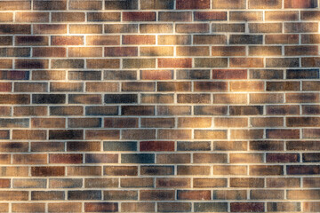 Abstract texture background of an exterior multi-shade reddish brown color vintage brick wall surface speckled with blue, in dappled sunlight from tree shadows
