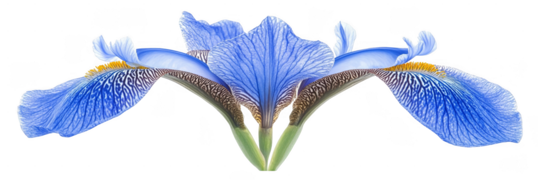 A vibrant blue iris flower with intricate veining and yellow accents, displaying symmetrical petals. Png, Transparent background.