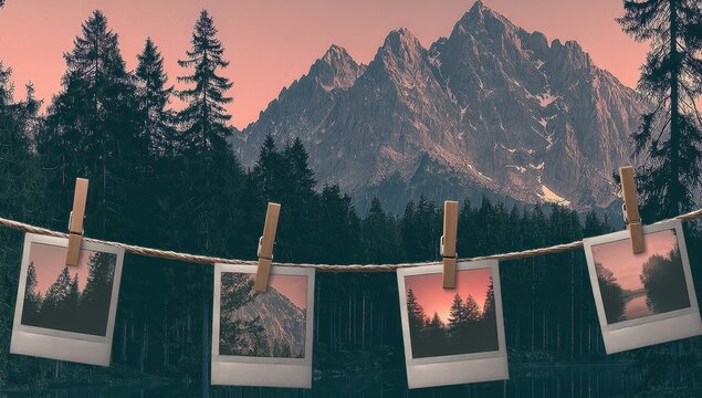 Vintage photos strung on a clothesline, mountains in background