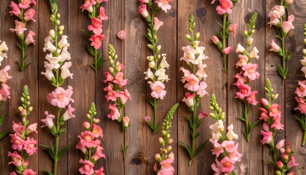 Elegant Snapdragons Seamless Pattern on Rustic Textured Wood Backdrop