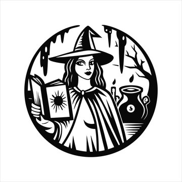 vintage witch illustration with spellbook and poti