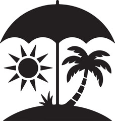 Beach Vacation Silhouette Vector – Palm Tree, Umbrella & Sun Icon for Tropical Summer Merch.